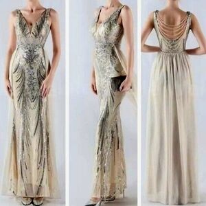 Silver, Double V, Beaded Back, Detachable Draped Skirt, Sequined Mermaid Gown